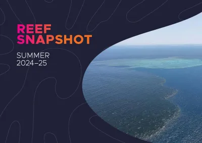 The front cover page of the Reef Snapshot: Summer 2024-25 publication. An aerial image of a flood plume on the ocean surface near a coral reef. 